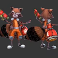 Anthropomorphic Raccoon Characters Standing With Red Cannons And Orange Blue Outfits
