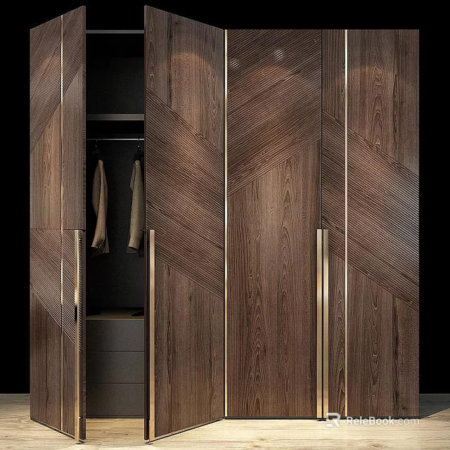 Modern Wooden Chest of Drawers with Herringbone Pattern and Golden Handles 3d model 