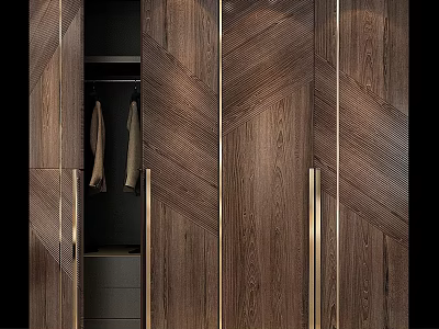 Modern Wooden Chest of Drawers with Herringbone Pattern and Golden Handles 3d model