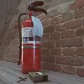 Red Fire Extinguisher On Wooden Bench Against Red Brick Wall With Matchbox And Matches
