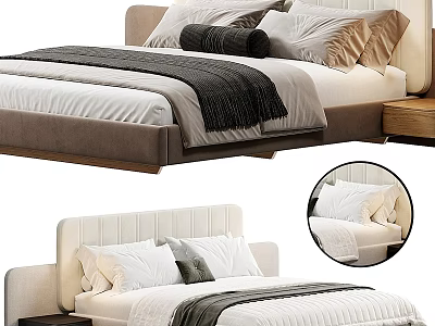Modern Double Bed With Upholstered Headboard Multiple Pillows Throw Blanket And Wooden Frame 3d model