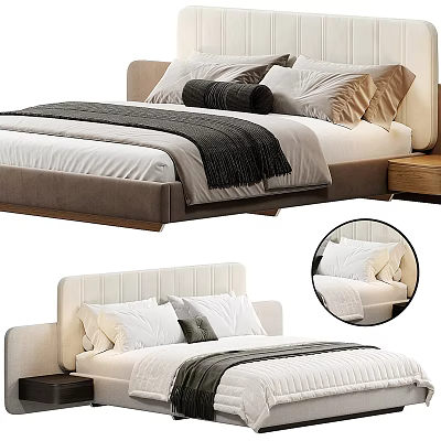 Modern Double Bed With Upholstered Headboard Multiple Pillows Throw Blanket And Wooden Frame 3d model