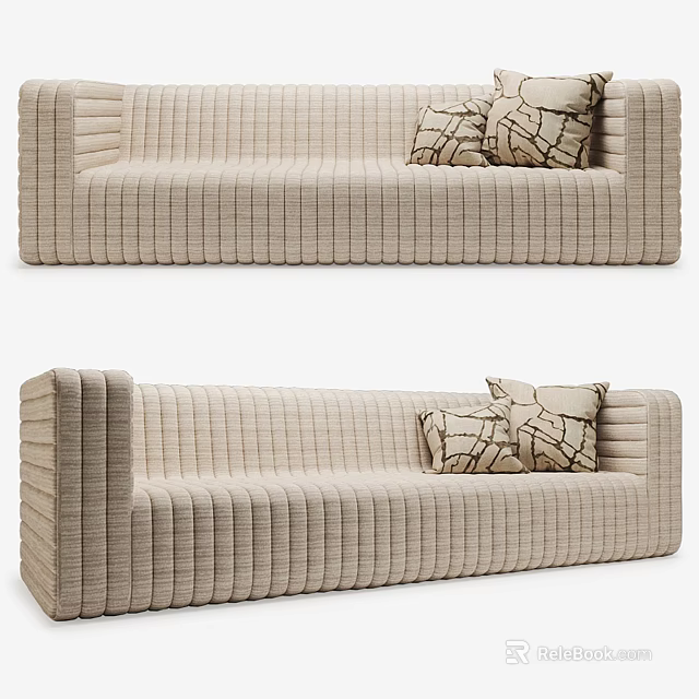 Beige Ribbed Design Sectional Sofa With Geometric Pattern Cushions In Living Room 3d model 