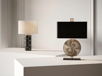 Elegant Table Lamps With White Pleated Shade Black Base And Gold Spiral On White Stands 3d model