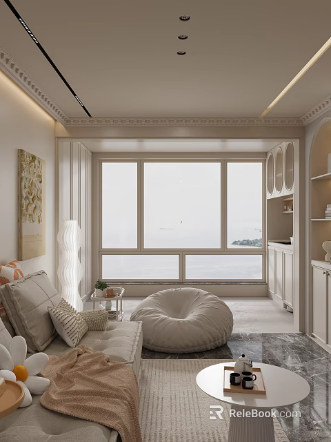 Elegant Living Room Interior With Floor to Ceiling Windows Sofa And Bean Bag Chair 3d model 