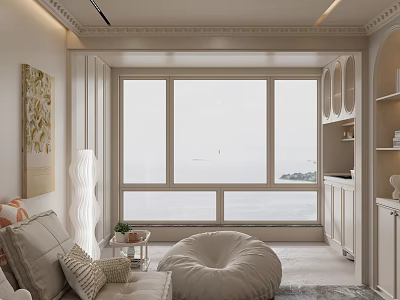 Elegant Living Room Interior With Floor to Ceiling Windows Sofa And Bean Bag Chair 3d model