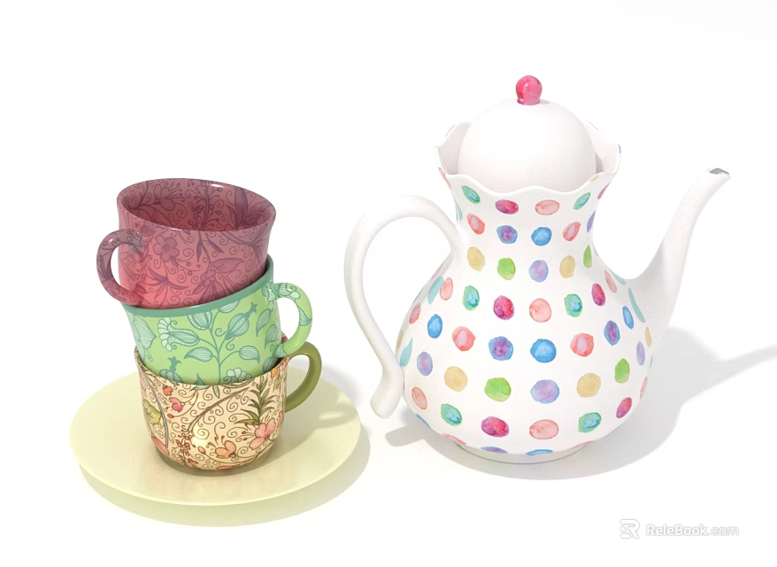 Colorful Polka Dot Teapot With Stacked Patterned Cups On Light Plate 3d model 