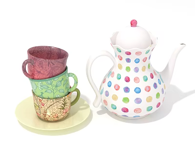 Colorful Polka Dot Teapot With Stacked Patterned Cups On Light Plate 3d model