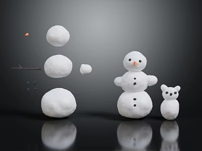 Snowman Construction With Stacked Snowballs Twigs Small Stones And Mini Snowman 3d model