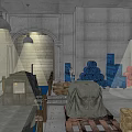 Warehouse Storage Space With Stacked Wooden Barrels Crates Sacks And Wooden Table