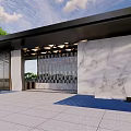 Modern Entrance Gate Design With Glass Panels Marble Walls Green Trees And Cloudy Sky