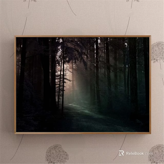 Enchanted Forest Landscape Painting With Tall Trees Sunlight Rays Misty Path And Dark Greenery 3d model 