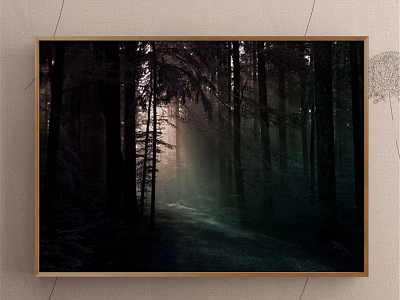 Enchanted Forest Landscape Painting With Tall Trees Sunlight Rays Misty Path And Dark Greenery 3d model