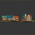 Charming Cartoon Village Scene with Colorful Roofs Small Houses Green Grass Dirt Path and Wooden Fences