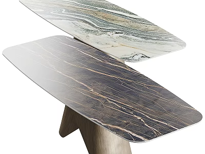 Modern Dining Table With Double Layered Marble Surface And Wooden Legs 3d model