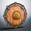 Medieval Shield Weapon With Metal Riveted Edges Leather Surface And Golden Spiral Design