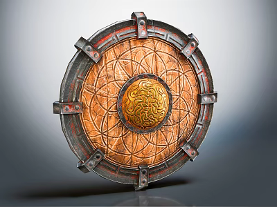 Medieval Shield Weapon With Metal Riveted Edges Leather Surface And Golden Spiral Design 3d model