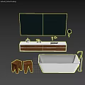 Modern White Bathtub In Minimalist Bathroom With Wooden Vanity Large Mirror And Small Stools