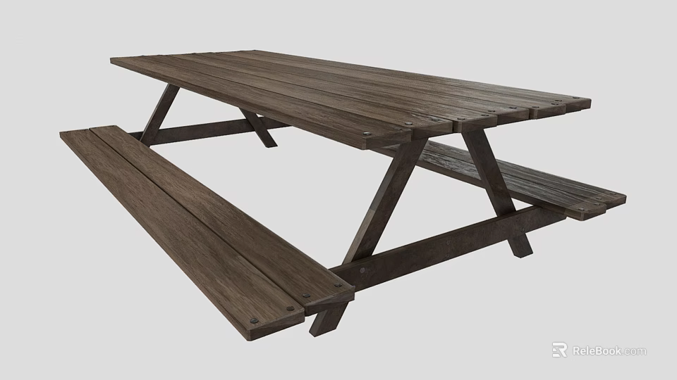 Outdoor Wooden Picnic Table with Attached Benches Solid Natural Wood Design 3d model 