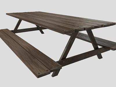Outdoor Wooden Picnic Table with Attached Benches Solid Natural Wood Design 3d model