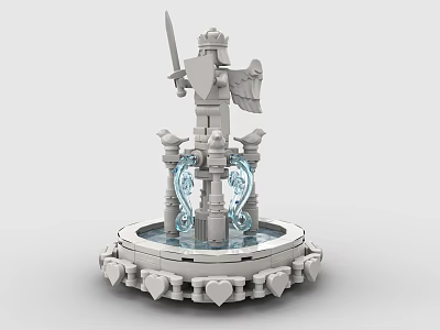 Artistic Building Blocks Statue With Sword Wings Blue Elements Fountain Base And Heart Shaped Decorations 3d model