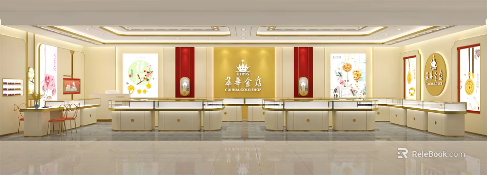 Elegant Jewelry Store Interior With Gold Display Counters And Decorative Brand Signage 3d model 