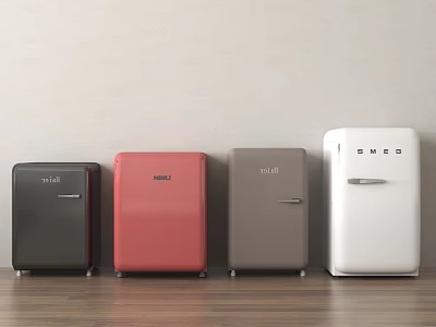 Four Stylish Different Colored Refrigerators Against Wall On Wooden Floor 3d model