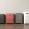 Four Stylish Different Colored Refrigerators Against Wall On Wooden Floor