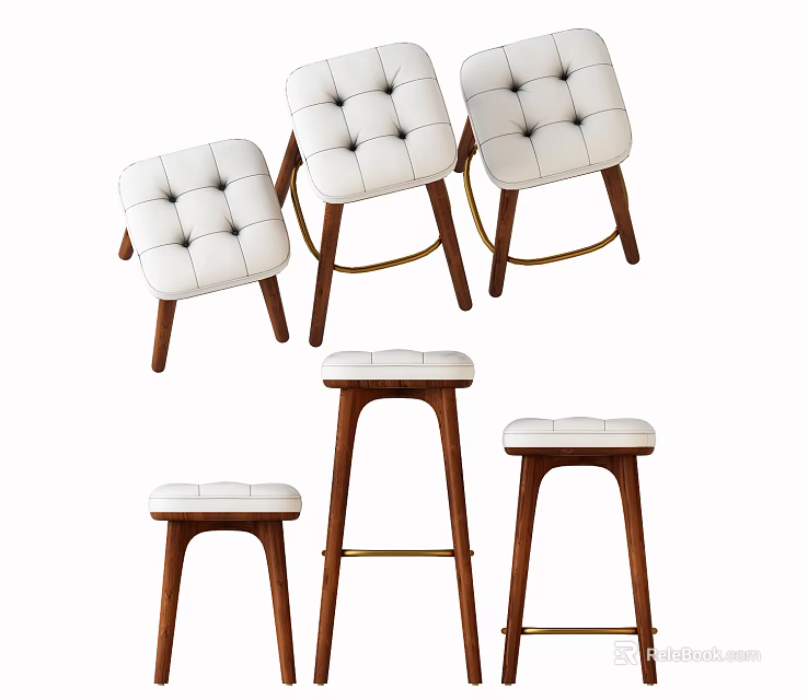 Modern Bar Stools With White Padded Seats Wooden Legs And Metal Accents 3d model 