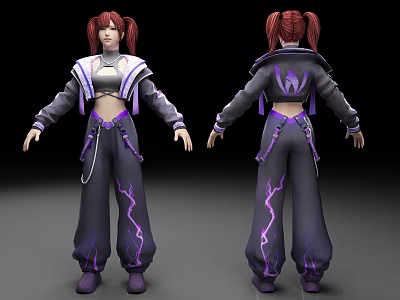 3D Character Model With Red Pigtails Cropped Top Black Pants Purple Lightning White Details 3d model