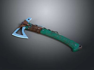 Handcrafted Metal Axe With Green Wooden Handle And Brown Leather Binding 3d model