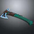 Handcrafted Metal Axe With Green Wooden Handle And Brown Leather Binding