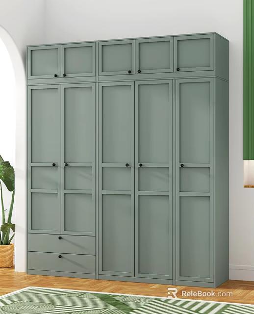 Modern Light Green Wardrobe Interior With Multiple Doors Drawers And Storage Cabinets 3d model