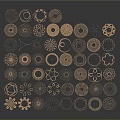 Golden Decorative Ornament Set with Circular Floral and Geometric Patterns on Grey Background with Reflections