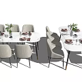 Modern Dining Table Set with Light Gray Chairs Marble Top Decorative Plants and Tableware 3d model