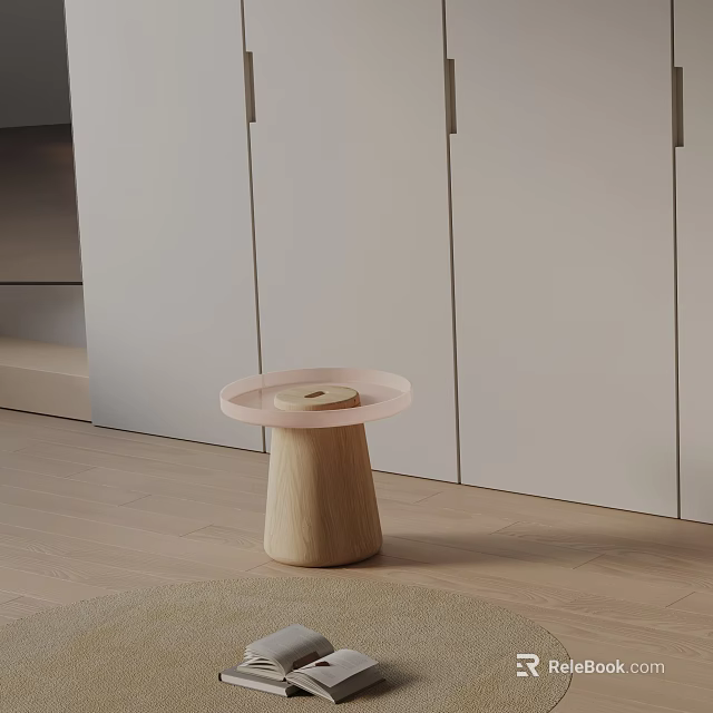 Minimalist Living Room Interior With Wooden Round Top Side Table And Light Cabinets 3d model 