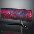 Modern Curved Monitor Displaying Vibrant Red Purple Mountain Landscape With Sleek Stand