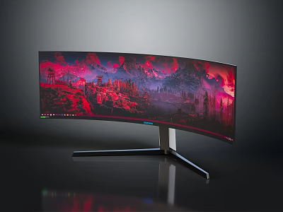 Modern Curved Monitor Displaying Vibrant Red Purple Mountain Landscape With Sleek Stand 3d model