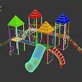 Colorful Children's Playground Structure With Multi Colored Conical Tops Slides And Climbing Elements