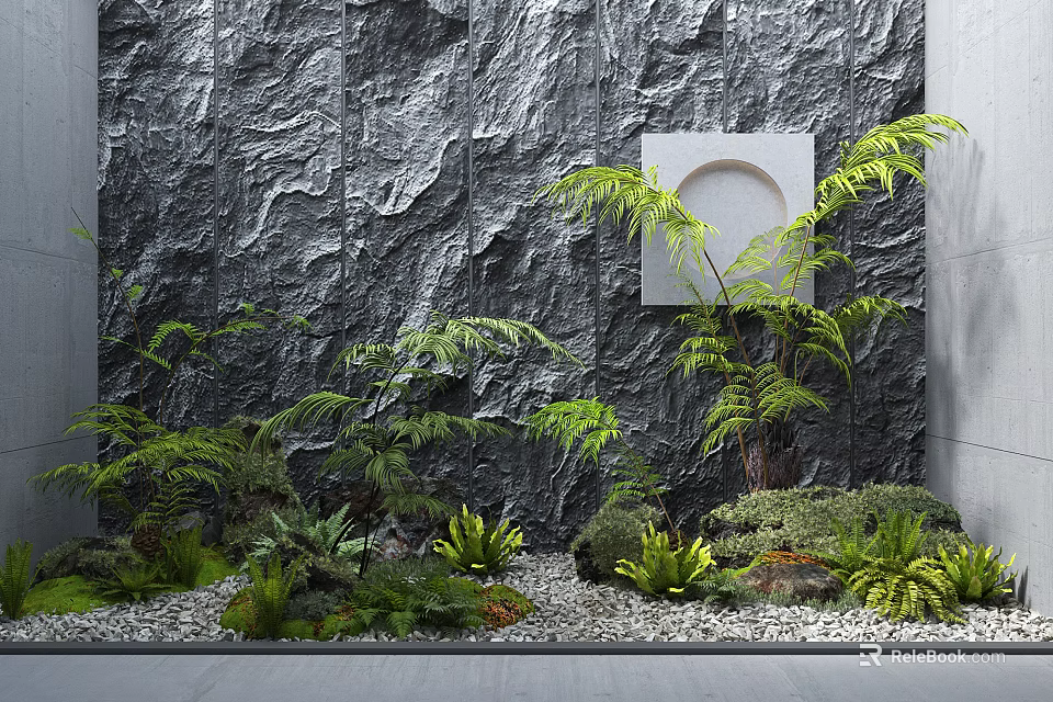 Courtyard Garden With Gray Stone Wall White Square Decoration Green Ferns And Pebble Ground 3d model 