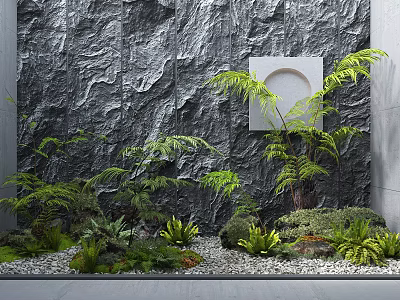 Courtyard Garden With Gray Stone Wall White Square Decoration Green Ferns And Pebble Ground 3d model