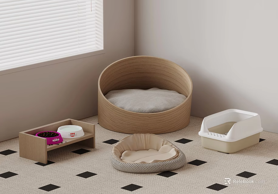 Cozy Pet Supplies Setup With Wooden Bed Cushioned Mat And Litter Box 3d model 
