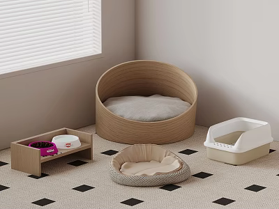 Cozy Pet Supplies Setup With Wooden Bed Cushioned Mat And Litter Box 3d model