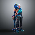 3D Game Movie Characters With Blue Hair Teal Outfits Sleeveless Tops Cargo Pants And Boots