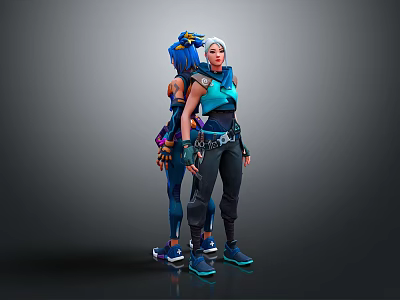 3D Game Movie Characters With Blue Hair Teal Outfits Sleeveless Tops Cargo Pants And Boots 3d model