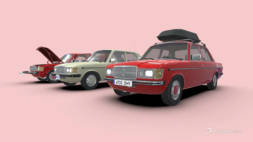 Vintage Cars In Red And Beige With Open Hood And Roof Rack On 3d model 