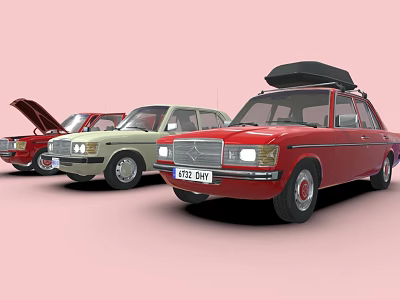 Vintage Cars In Red And Beige With Open Hood And Roof Rack On 3d model