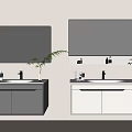 Modern Gray White Bathroom Vanity With LED Lit Large Mirrors Countertop Sink Faucet Decorative Plants
