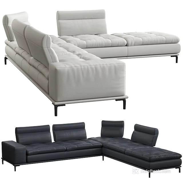 Light Gray And Black Modern Double Sofa With Leather Upholstery Armrests And Metal Legs 3d model 