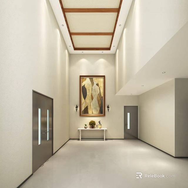 Modern Elevator Hallway Interior With Light Walls Art And Decorations 3d model